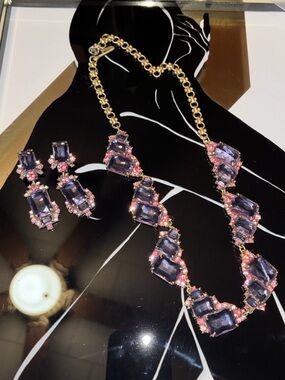 Antique Gold Purple & Pink Crystal Statement Necklace and Earring Set